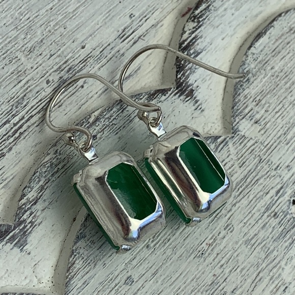 Vintage Antique 1920s Art Deco Green Glass Marcasite Stones Dangle Drop Earrings - Picture 6 of 6